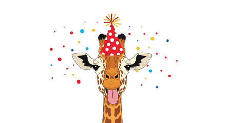 Naklejka premium Giraffe wearing a red and white polka dot party hat sticks its tongue out as colorful confetti falls all around its head.