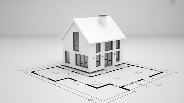 Small white residential house model placed over technical floor plans isolated on a white background.