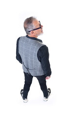 Fototapeta premium Rear view of a portrait of a mature man seen from above on a white background.