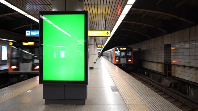 Green screen billboard advertisement on subway platform with train passing by