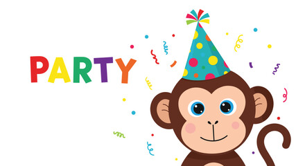 Fototapeta premium Cute brown monkey wearing a colorful polka dot party hat surrounded by confetti with the word party in colorful letters.