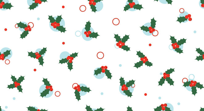Festive christmas pattern with repeating branches of green holly leaves and red berries mixed with light blue circles on white.