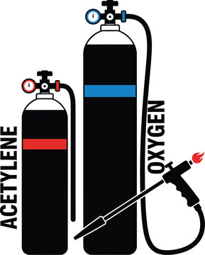 Industrial acetylene and oxygen gas tanks with pressure gauges and a burning torch for professional gas welding and metal cutting technology design welder silhouette AI Generative
