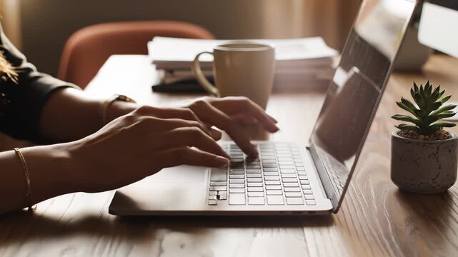 Laptop, technology and workspace for remote work during a productive day with woman typing on keyboard in home office setting. Freelance, digital nomad and online business with comfortable