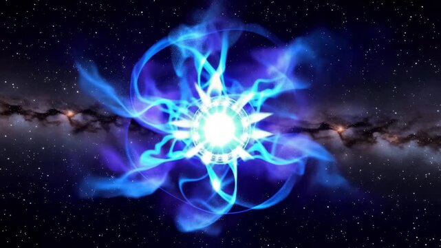 A glowing blue pentagram shines brightly in space with a white center and a starry background