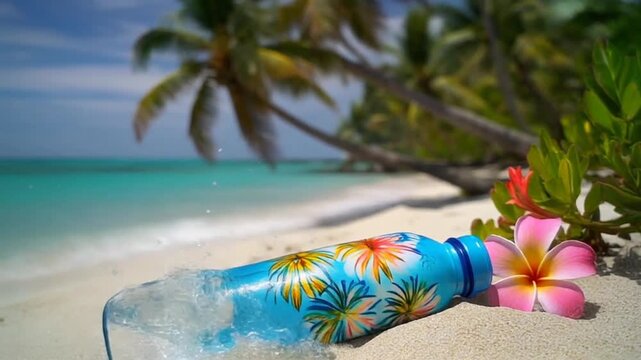 Tropical beach scene with a water bottle lying on sand, palm trees, and flowers in background, with water pouring out