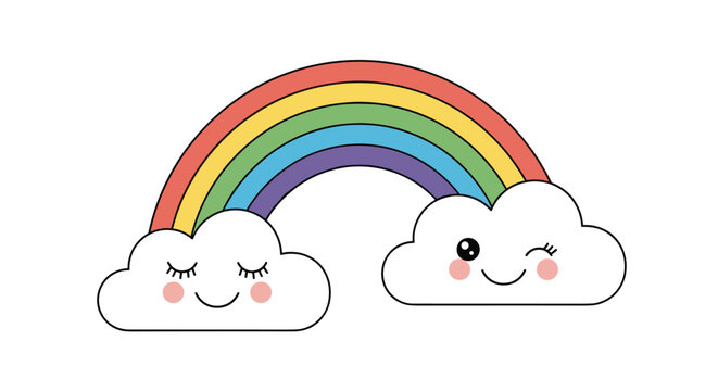 Colorful rainbow arching between two cute white clouds with rosy cheeks and expressive faces on a plain white background.