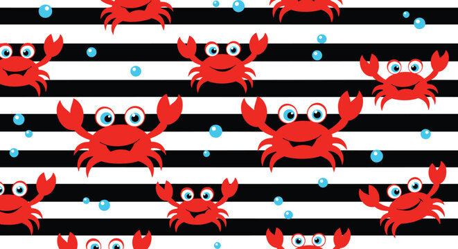 Nautical seamless pattern with red cartoon crabs and blue bubbles on a black and white horizontal striped background.