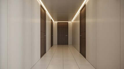 Fototapeta premium A long, modern hallway with white walls and brown doors