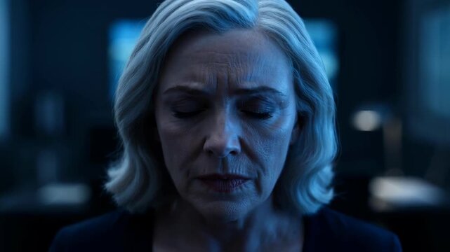 Mature woman closing her eyes for a deep breath in a dark room. Slow transition to a bright sunny outdoor bokeh background symbolizing inner peace and relief