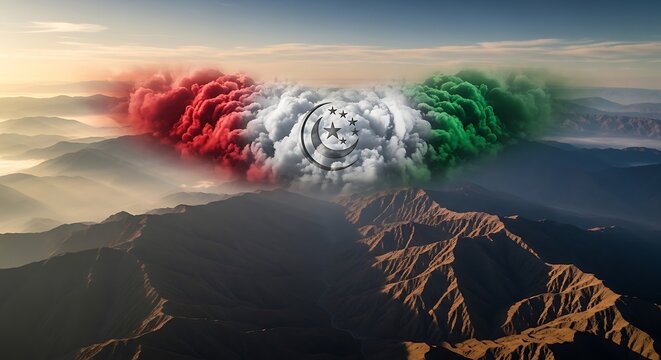 Smoke clouds in the colors of a flag over a mountain range at sunrise