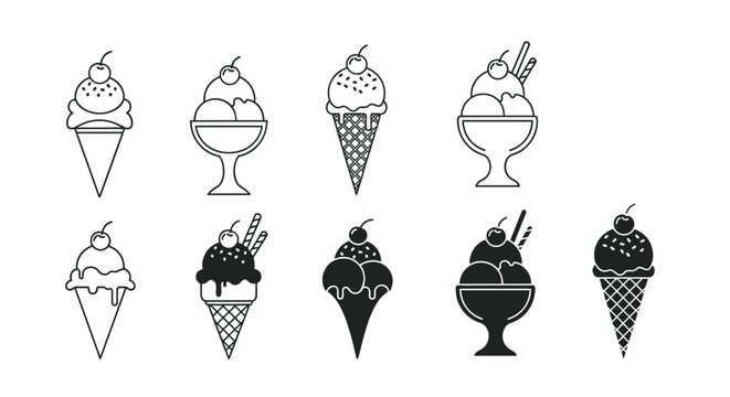 Collection of various ice cream cones and bowls in both outline and solid black silhouette styles for dessert menu design.