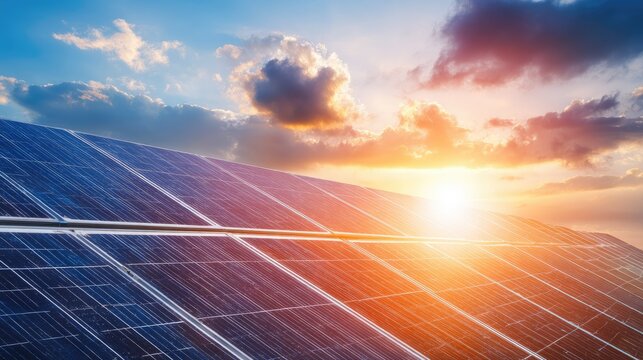 Rows of photovoltaic panels absorb intense sunlight against a dramatic evening sky.