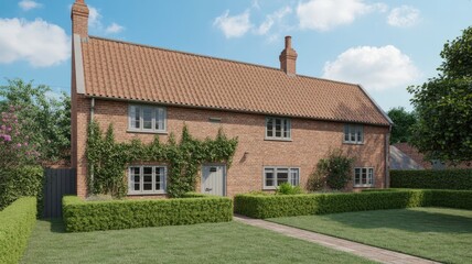 Fototapeta premium This charming country home features a vibrant garden and brick walls set against a bright summer landscape.