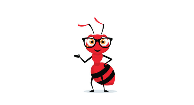 Red ant character wearing black glasses and standing in a friendly pose on a plain white background for kids education.