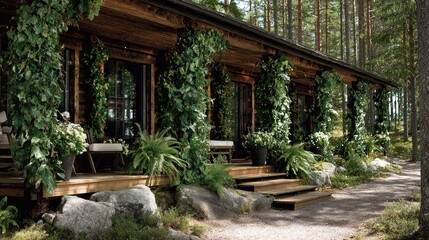 Obraz premium Rustic wooden dwelling features a covered porch adorned with lush green climbing plants and potted foliage.