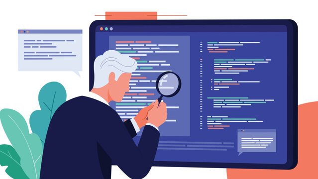 Software developer uses a magnifying glass to inspect lines of programming code on a large dark computer monitor.