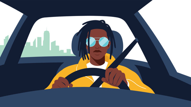 Cool person with dreadlocks and sunglasses drives a car with a clear view of the city skyline in the background.