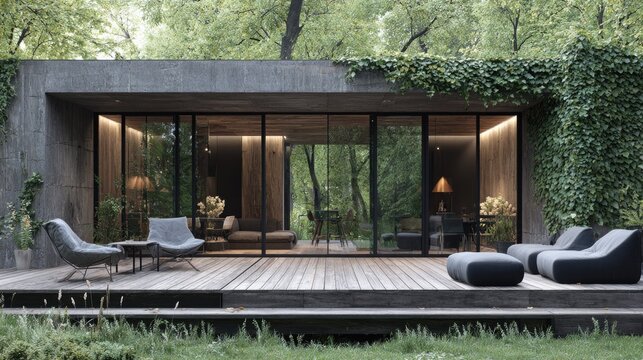 Modern minimalist dwelling features expansive glass facade opening onto a wooden exterior deck surrounded by dense foliage