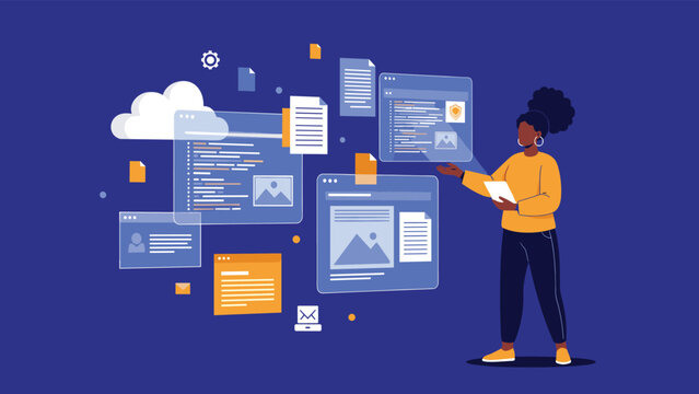 Software developer or data analyst interacting with multiple floating digital windows containing code and information.