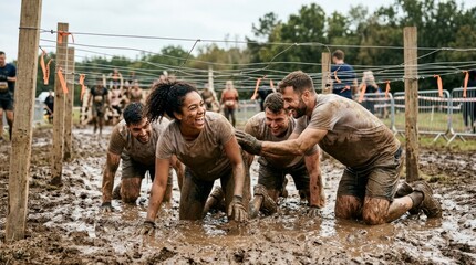Fototapeta premium Group of friends laughing together while crawling through mud during an outdoor event