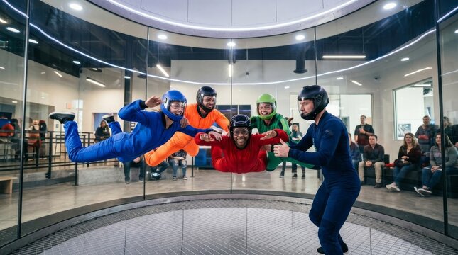 Group of friends enjoying indoor skydiving experience with colorful suits