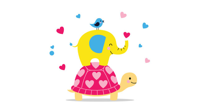 Whimsical cartoon elephant standing on a turtle's back with a small blue bird on top and surrounded by floating pink hearts.
