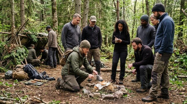 Group learning outdoor survival skills in a forest setting with campfire