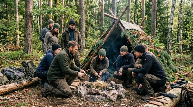 A group of people practicing outdoor survival skills around a campfire in the forest