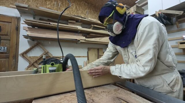 Master Craftsman in Safety Hood Processing Raw Timber Slab with Plunge Router Jig Authentic Creator Studio Vertical Tracking Slow Motion Millwork