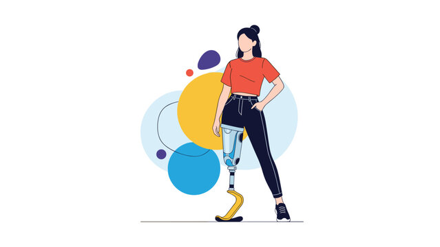 Confident woman with prosthetic leg standing proudly against abstract colorful background circles representing inclusivity.