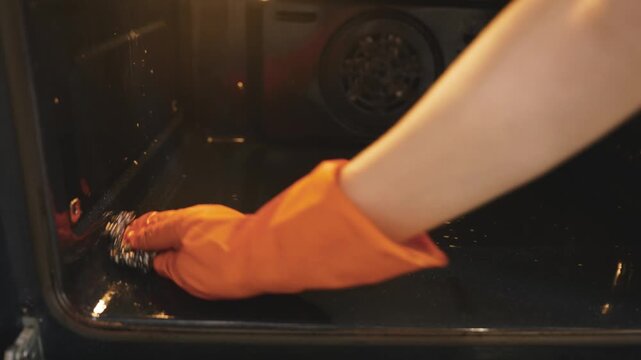 A person wearing a bright orange protective glove diligently cleans the greasy interior of a black oven. Close-up on the household chore, using a scrub pad. Warm lighting highlights the task.