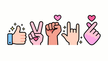 Obraz premium Collection of cartoon hands showing various gestures like thumbs up, heart, and peace sign