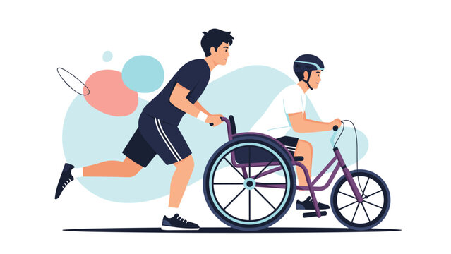 Athletic man running while pushing person in specialized adaptive tricycle or wheelchair for inclusive sports participation.