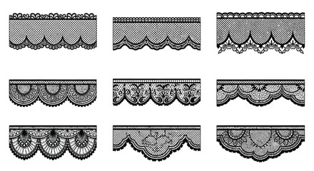 Collection of decorative lace borders and trim patterns in black and white © Saidul_Studio1984