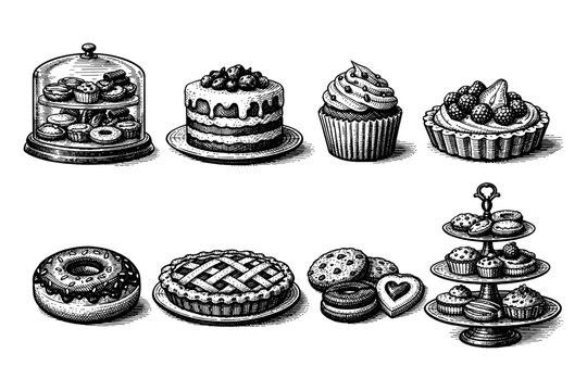 Collection of delicious baked goods and desserts in a vintage sketch style