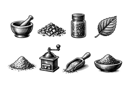 Vintage illustration of spices and grinding tools, a collection of culinary elements