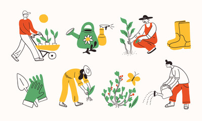 Fototapeta premium Farm agricultural workers or local farmers working in the garden, planting plants. Garden tools and farm or backyard equipment: watering can, gloves, boots. Hand drawn simple ink doodle illustration.