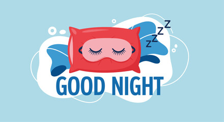 Obraz premium Relaxing 'Good Night' graphic with a red pillow and a sleeping mask, featuring 'zzz' letters to symbolize deep and restful sleep.