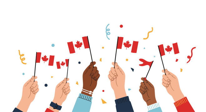 Joyful crowd of diverse hands waving Canadian flags amidst falling confetti, celebrating Canada Day or another national holiday.