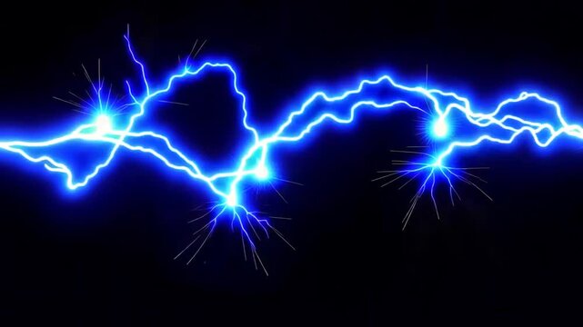 Electric blue lightning bolt strikes in a dark background with sparks flying around