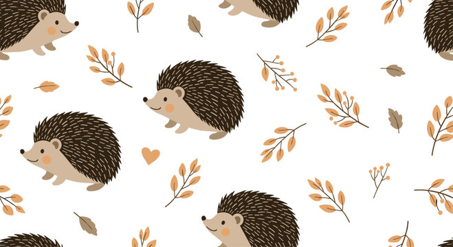 Sweet seamless pattern featuring cute cartoon hedgehogs, a small heart, and delicate autumn branches on a white background.