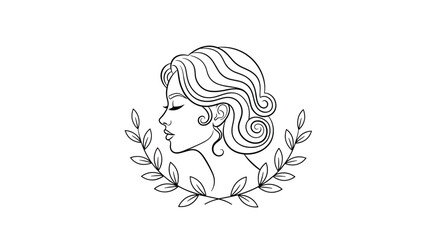 Fototapeta premium Elegant line art logo of a beautiful woman's profile with classic wavy hair, framed by a delicate botanical olive branch wreath.