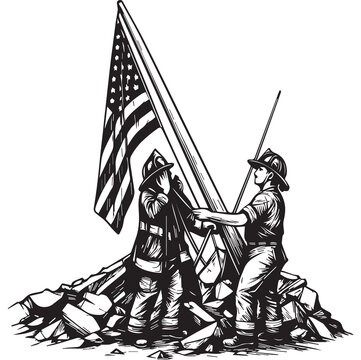 Firefighters Raising American Flag in Rubble, Woodcut Style Vector Illustration for Patriot Day and Memorial Day
