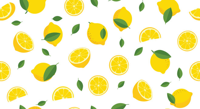 Refreshing seamless pattern with bright yellow lemons, whole, sliced, and halved, scattered with fresh green leaves on white.