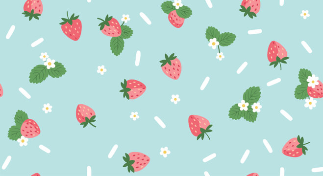 Cute seamless pattern with sweet pink strawberries, white flowers, and sprinkles on a pastel blue background for a summery feel.