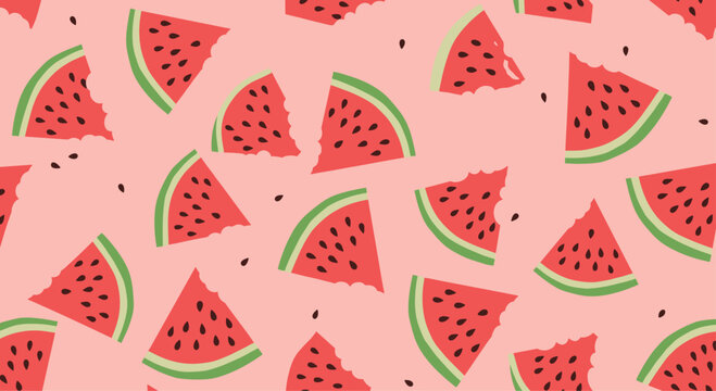 Summer seamless pattern with juicy watermelon slices, some with bites taken out, and seeds scattered on a pink background.