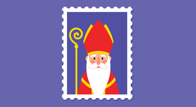Colorful postage stamp illustration featuring a portrait of Saint Nicholas or Sinterklaas for the traditional Dutch celebration.