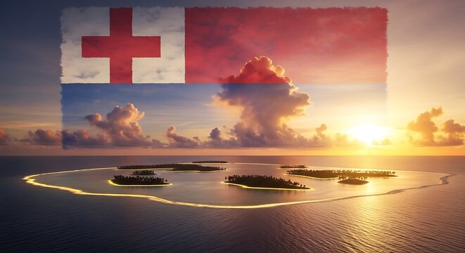 Tonga flag overlay on serene island landscape at sunset with calm waters