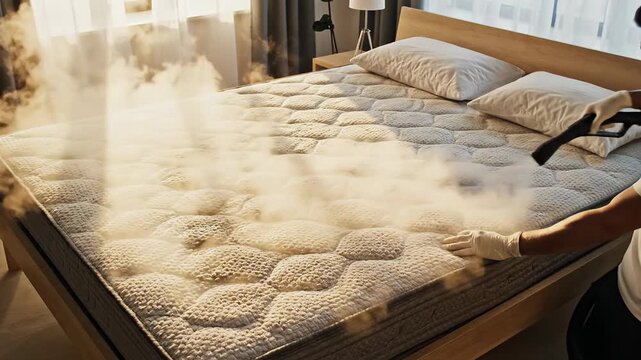 Professional cleaner sanitizing mattress with steam for hygiene and deep cleaning service